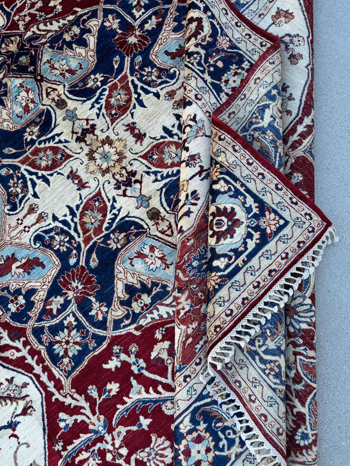 8x10 Handmade Afghan Wool Rug | Red & Navy Floral Medallion Rug | Traditional Oriental Area Rug
