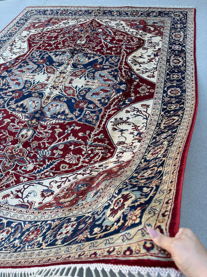 8x10 Handmade Afghan Wool Rug | Red & Navy Floral Medallion Rug | Traditional Oriental Area Rug