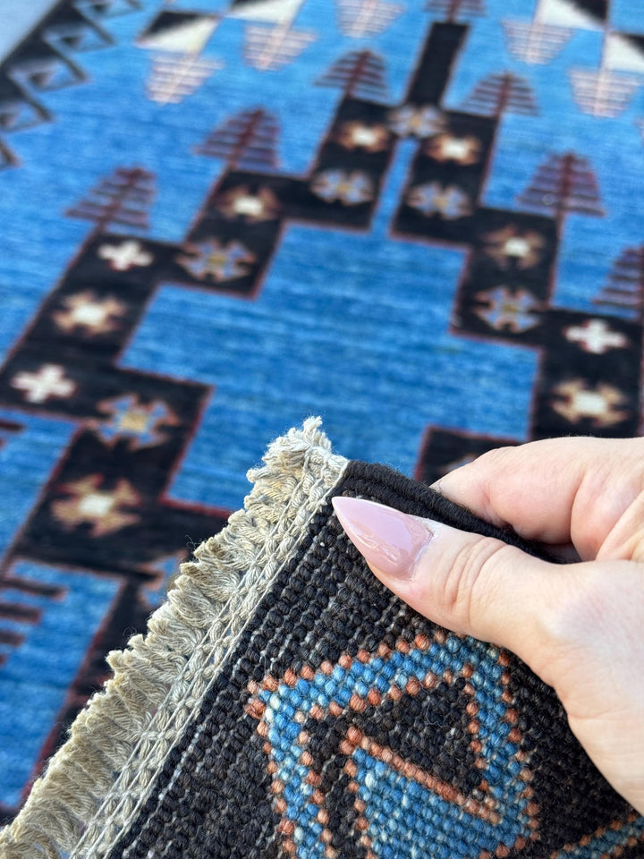3x10 Handmade Afghan Wool Runner Rug | Blue Tribal Geometric Runner | Hand-Knotted Hallway Rug