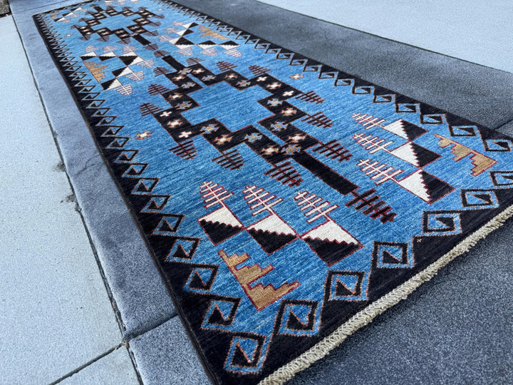 3x10 Handmade Afghan Wool Runner Rug | Blue Tribal Geometric Runner | Hand-Knotted Hallway Rug