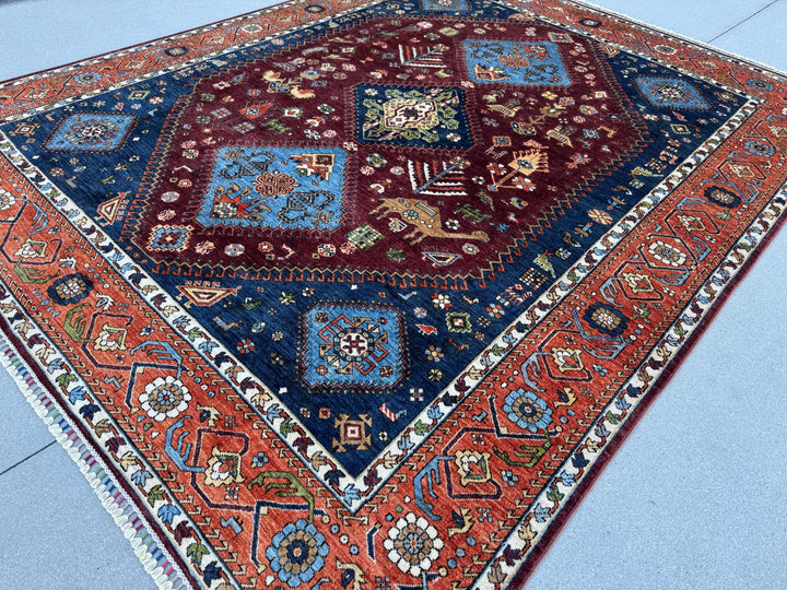8x10 Handmade Afghan Wool Rug | Burgundy Tribal Medallion Rug | Hand-Knotted Geometric Area Rug
