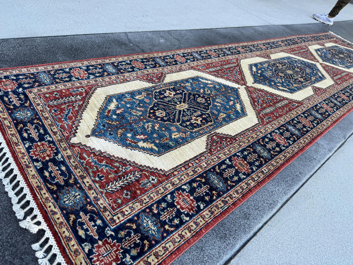 3x10 Handmade Afghan Wool Runner | Navy Blue Ivory & Brick Red Tribal Geometric Hallway Rug