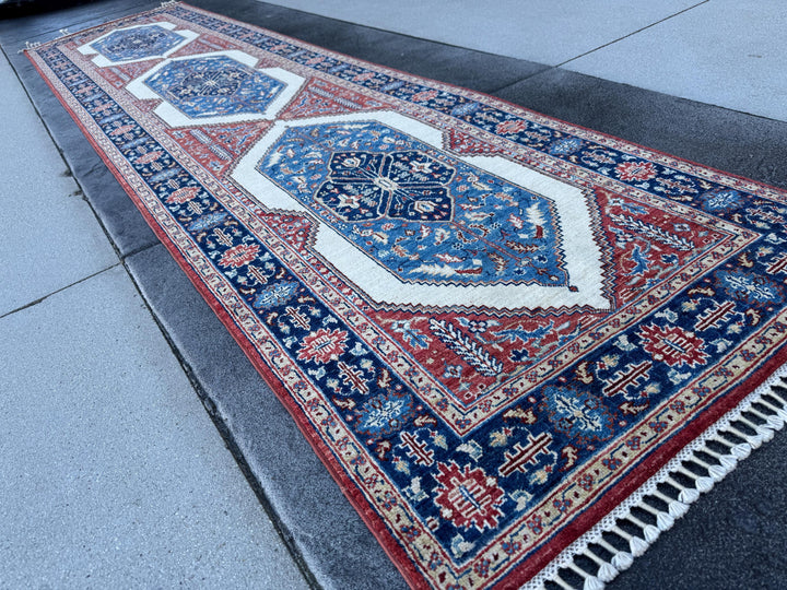 3x10 Handmade Afghan Wool Runner | Navy Blue Ivory & Brick Red Tribal Geometric Hallway Rug