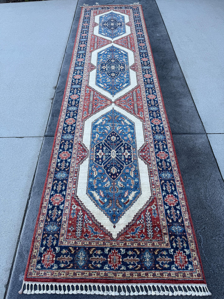 3x12 Handmade Afghan Wool Runner | Navy Blue Ivory & Red Geometric Tribal Hallway Rug