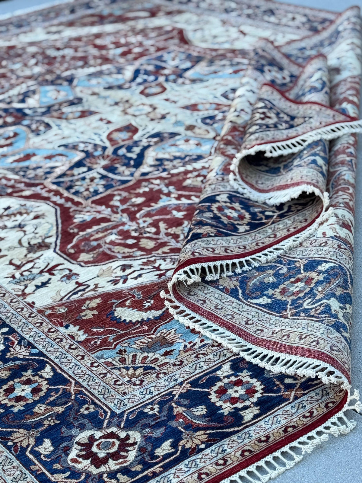9x13 Handmade Afghan Wool Rug | Red Ivory & Navy Blue Traditional Floral Medallion Area Rug