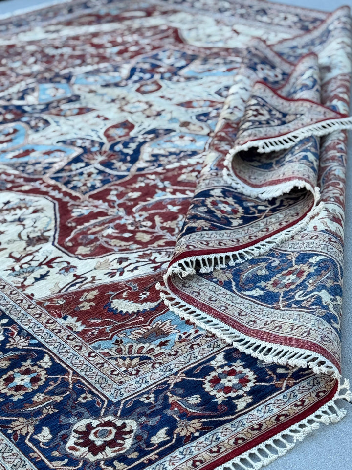9x13 Handmade Afghan Wool Rug | Red Ivory & Navy Blue Traditional Floral Medallion Area Rug