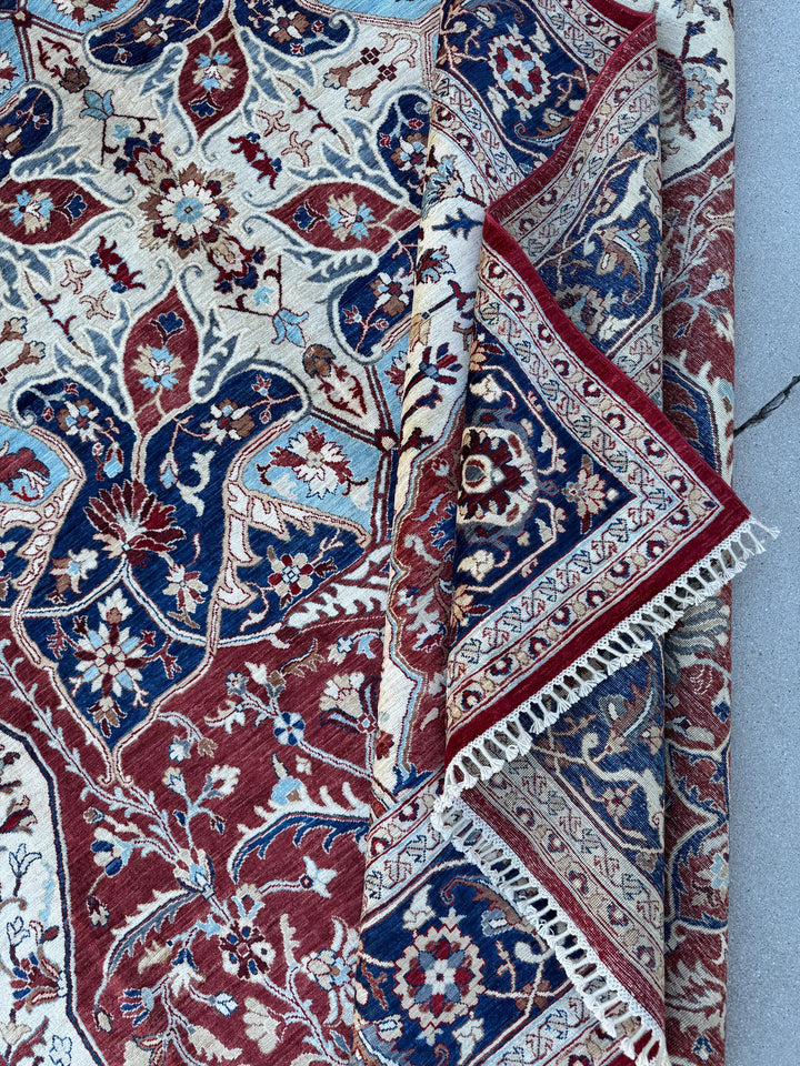 9x13 Handmade Afghan Wool Rug | Red Ivory & Navy Blue Traditional Floral Medallion Area Rug