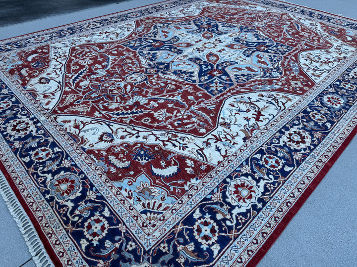 9x13 Handmade Afghan Wool Rug | Red Ivory & Navy Blue Traditional Floral Medallion Area Rug