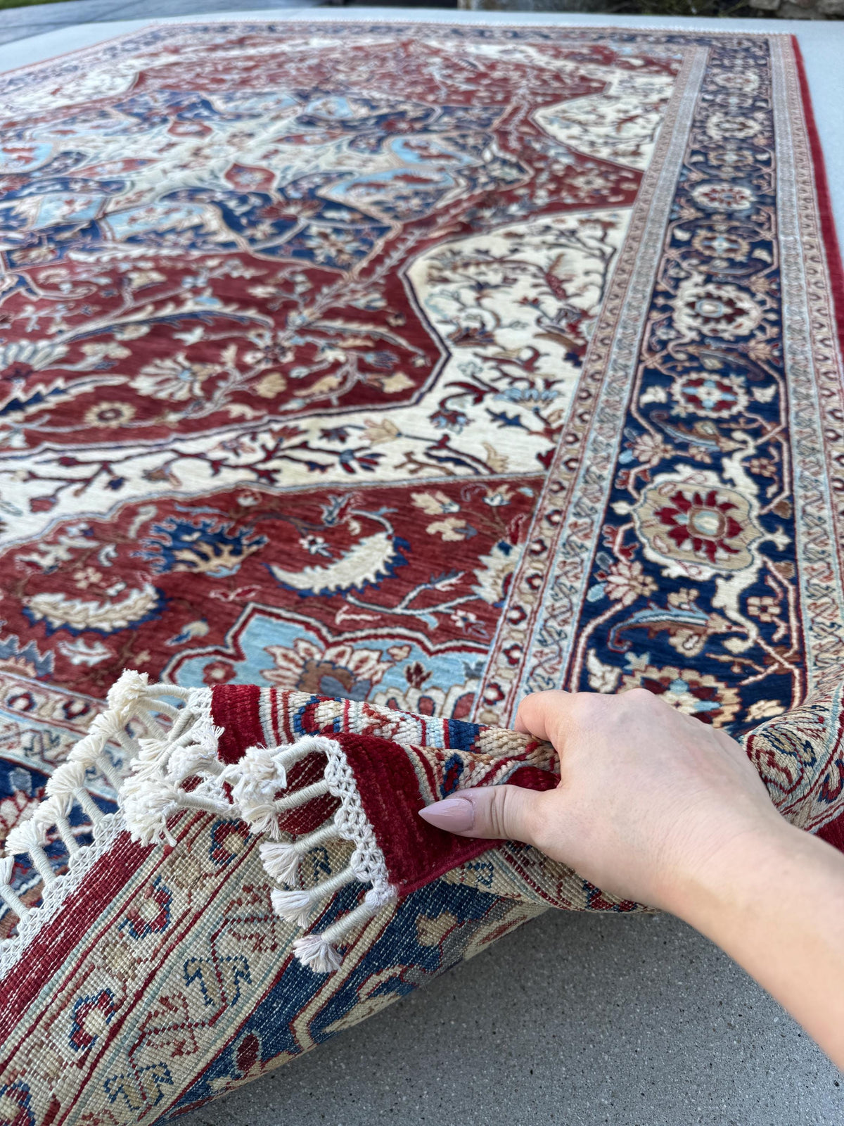 9x13 Handmade Afghan Wool Rug | Red Ivory & Navy Blue Traditional Floral Medallion Area Rug