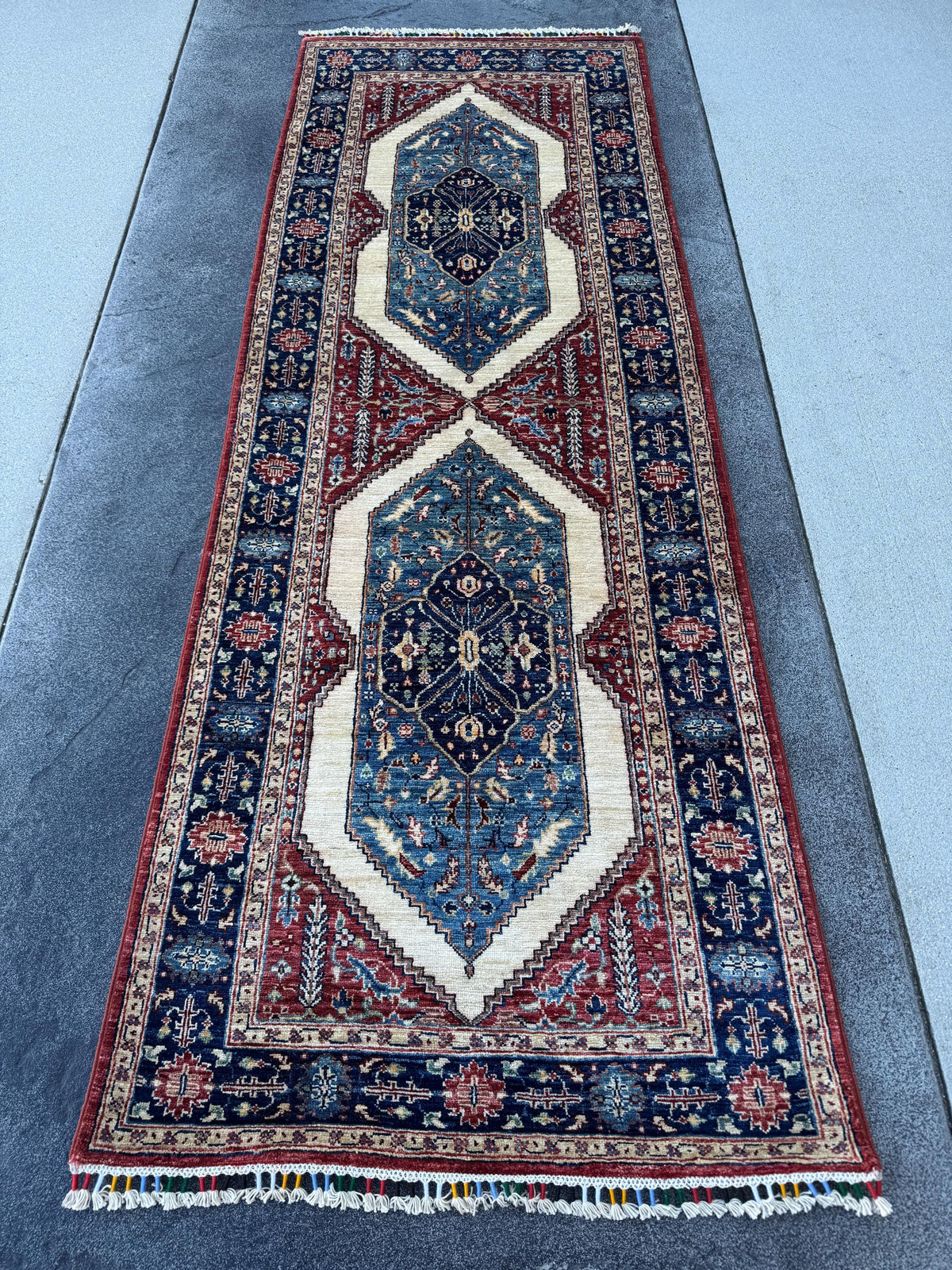 3x8 Handmade Afghan Wool Runner Rug | Blue Red & Ivory Geometric Hallway Rug | Hand-Knotted Traditional Runner