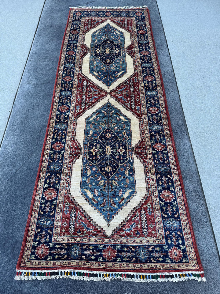 3x8 Handmade Afghan Wool Runner Rug | Blue Red & Ivory Geometric Hallway Rug | Hand-Knotted Traditional Runner