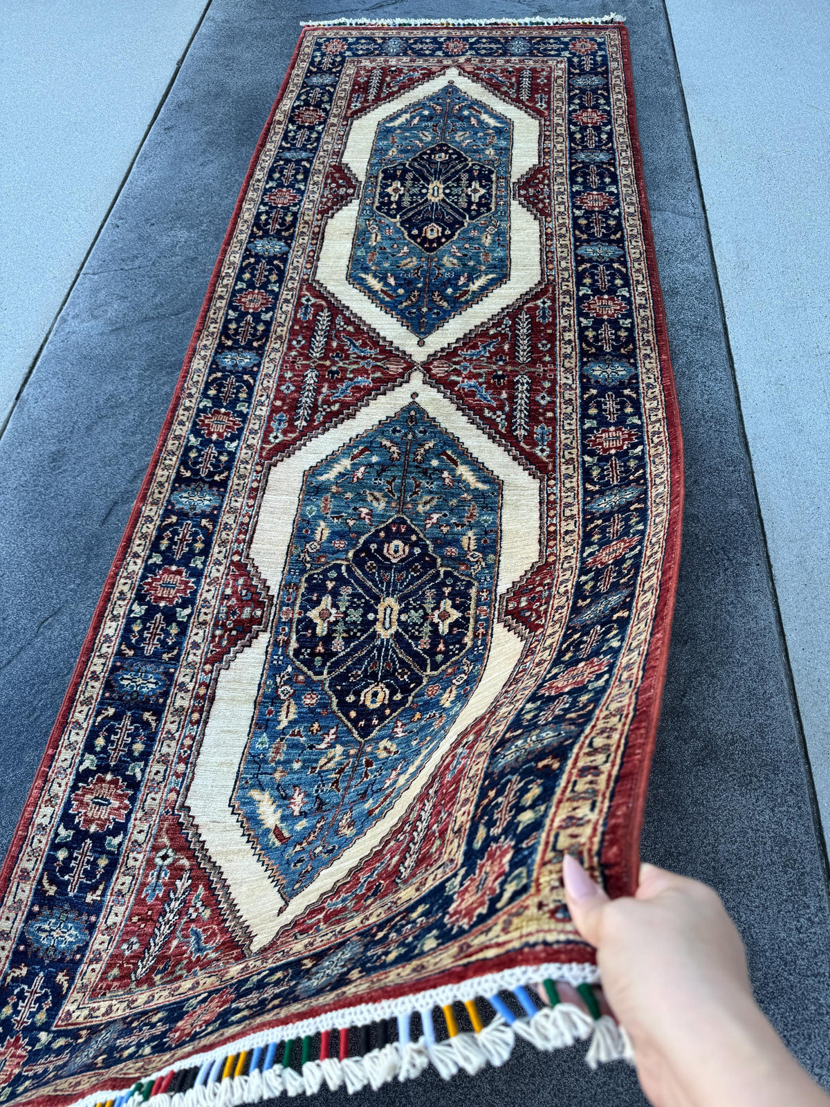 3x8 Handmade Afghan Wool Runner Rug | Blue Red & Ivory Geometric Hallway Rug | Hand-Knotted Traditional Runner