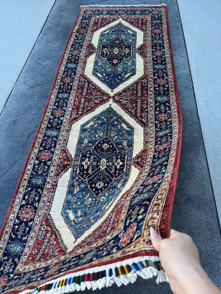 3x8 Handmade Afghan Wool Runner Rug | Blue Red & Ivory Geometric Hallway Rug | Hand-Knotted Traditional Runner