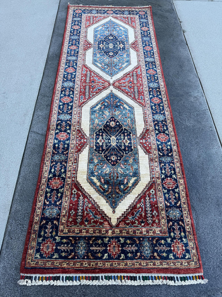3x8 Handmade Afghan Wool Runner Rug | Blue Red & Ivory Geometric Hallway Rug | Hand-Knotted Traditional Runner