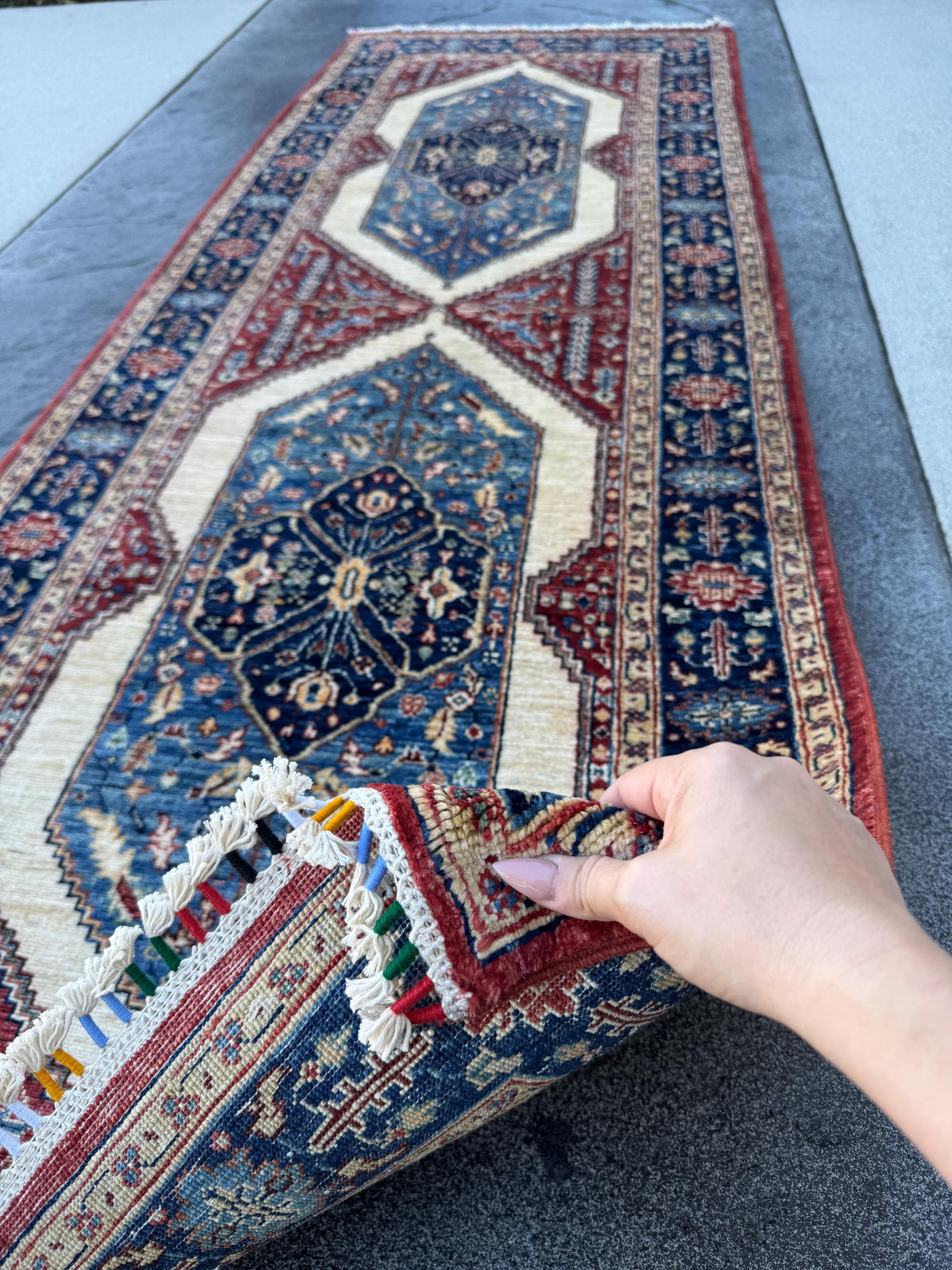 3x8 Handmade Afghan Wool Runner Rug | Blue Red & Ivory Geometric Hallway Rug | Hand-Knotted Traditional Runner
