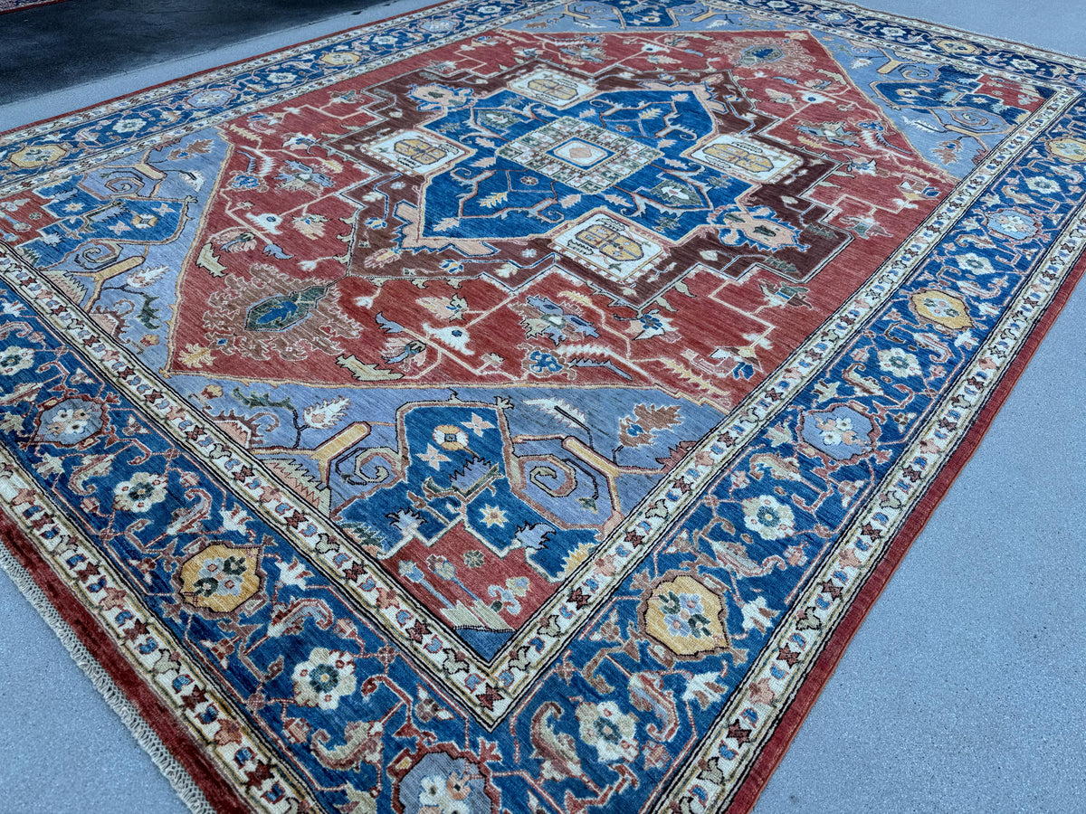 9x13 Handmade Afghan Wool Rug | Red Blue Geometric Medallion Rug | Hand-Knotted Traditional Area Rug