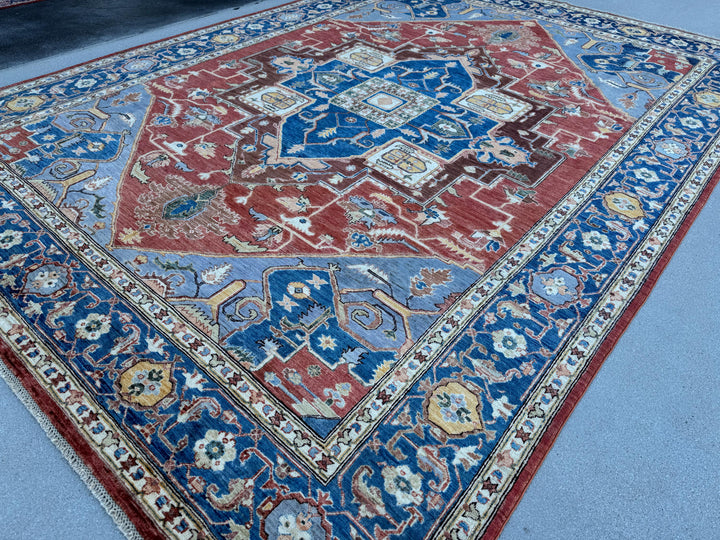 9x13 Handmade Afghan Wool Rug | Red Blue Geometric Medallion Rug | Hand-Knotted Traditional Area Rug