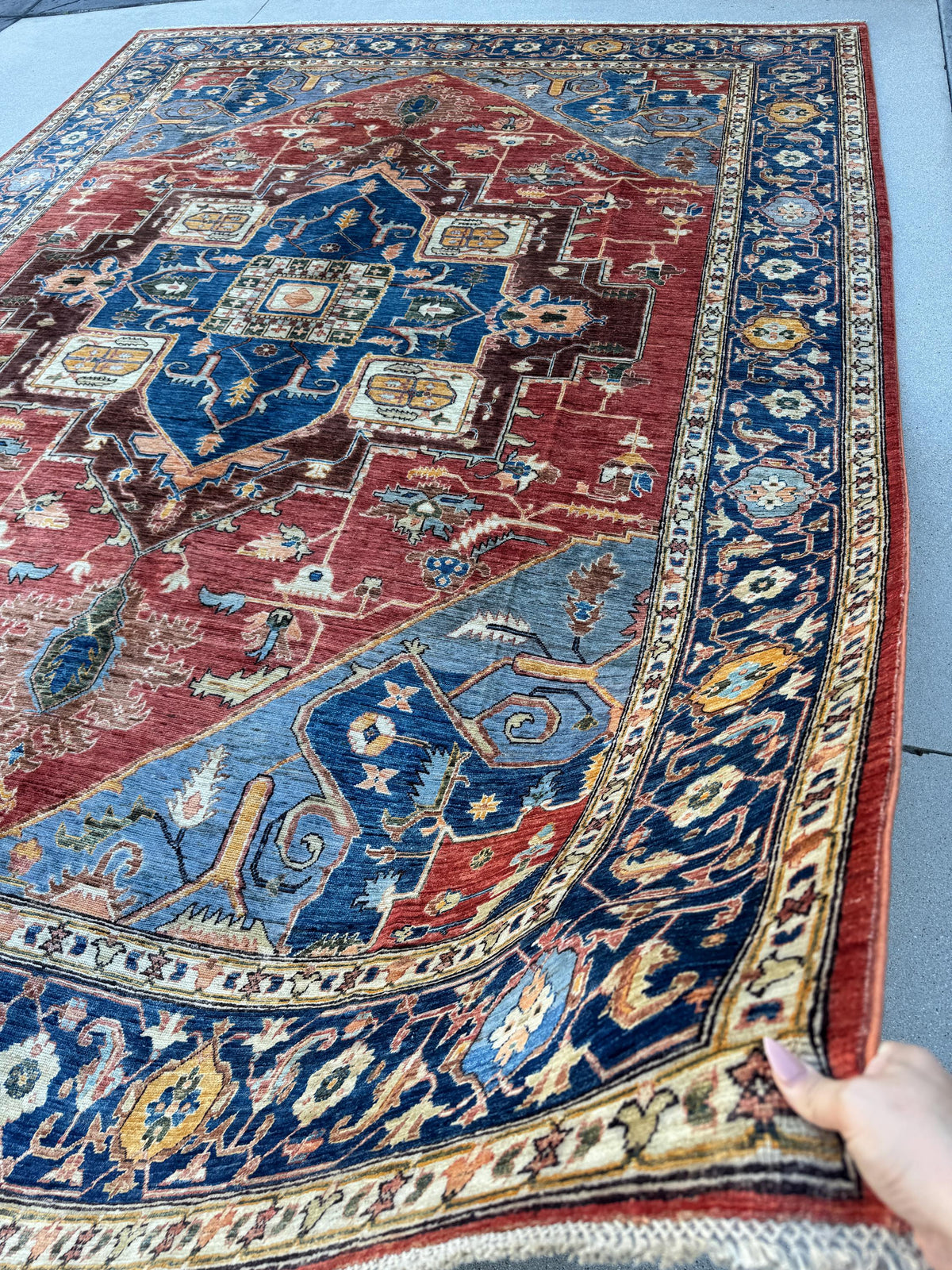 9x13 Handmade Afghan Wool Rug | Red Blue Geometric Medallion Rug | Hand-Knotted Traditional Area Rug