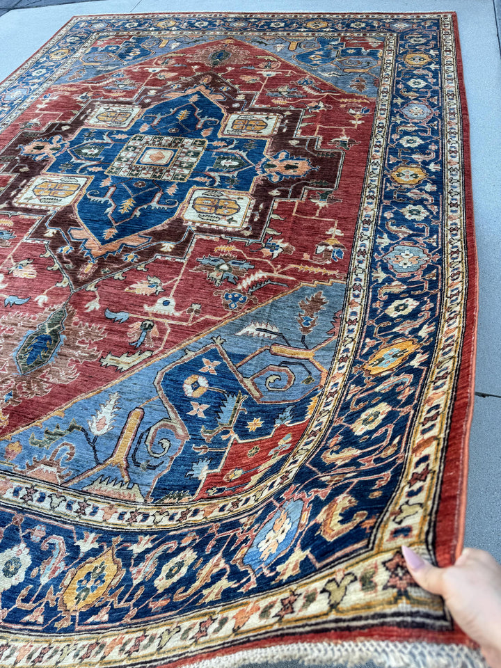 9x13 Handmade Afghan Wool Rug | Red Blue Geometric Medallion Rug | Hand-Knotted Traditional Area Rug