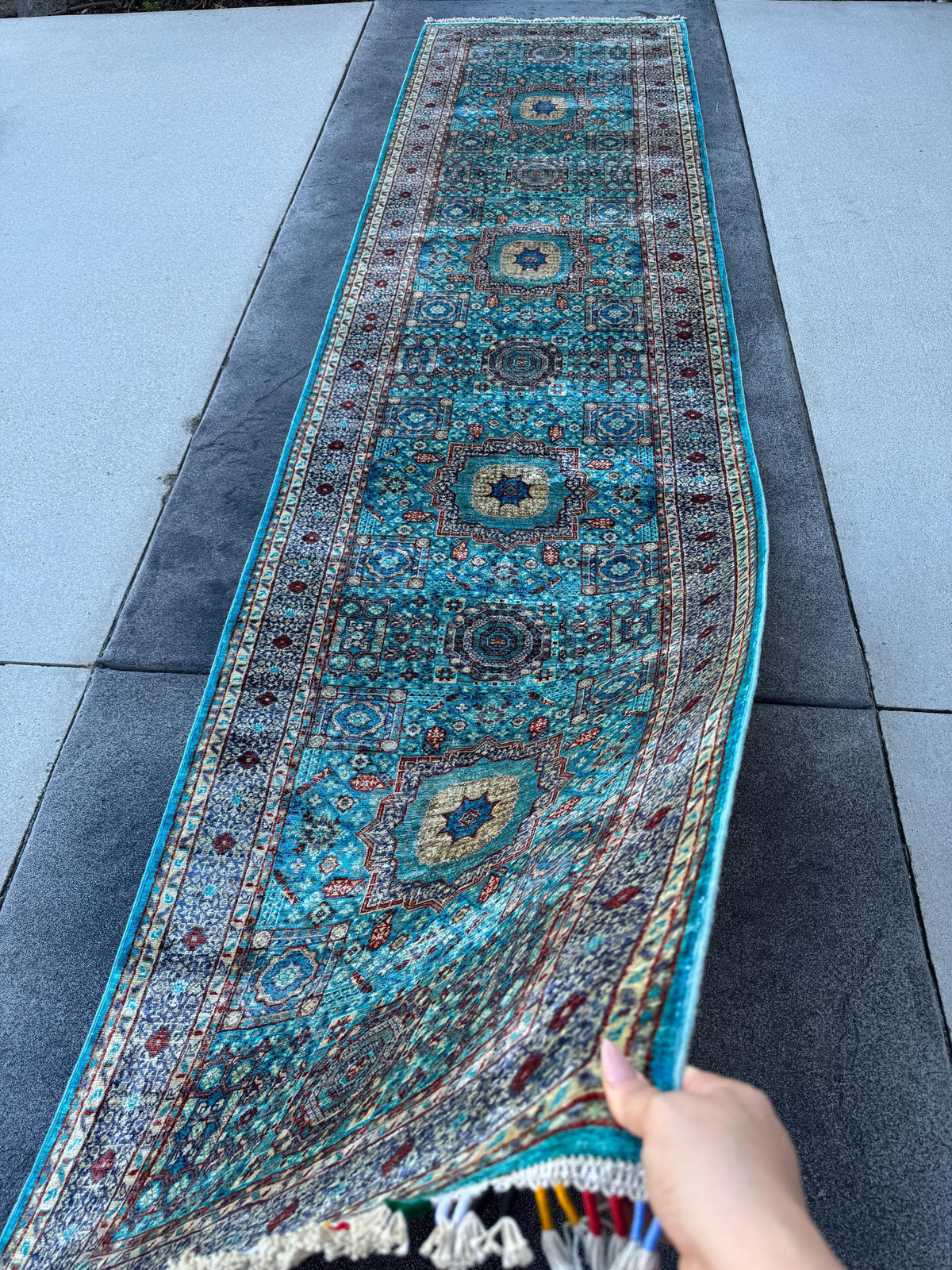 3x13 Handmade Afghan Wool Runner Rug | Turquoise Blue Geometric Medallion Rug | Hand-Knotted Hallway Runner