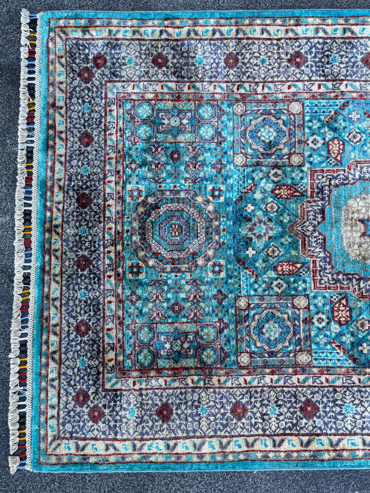3x13 Handmade Afghan Wool Runner Rug | Turquoise Blue Geometric Medallion Rug | Hand-Knotted Hallway Runner