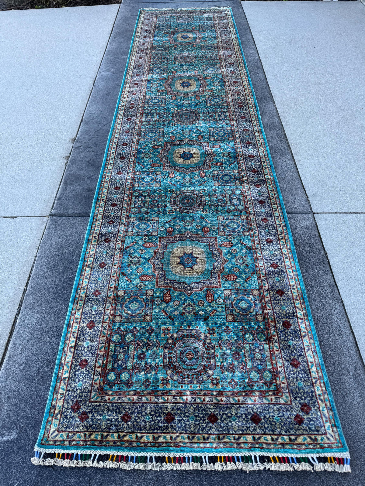 3x13 Handmade Afghan Wool Runner Rug | Turquoise Blue Geometric Medallion Rug | Hand-Knotted Hallway Runner