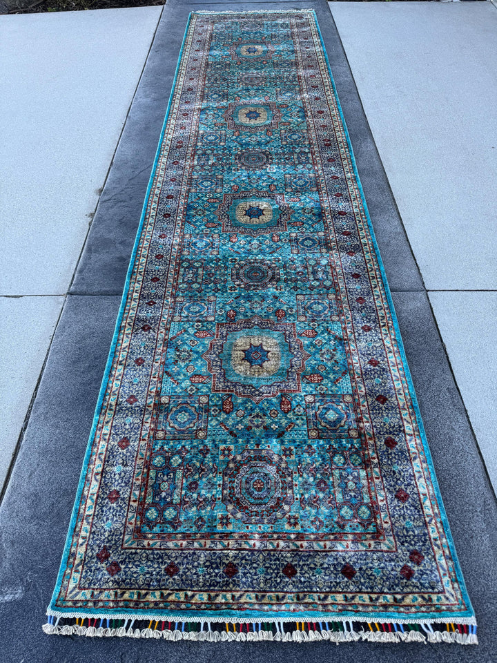 3x13 Handmade Afghan Wool Runner Rug | Turquoise Blue Geometric Medallion Rug | Hand-Knotted Hallway Runner