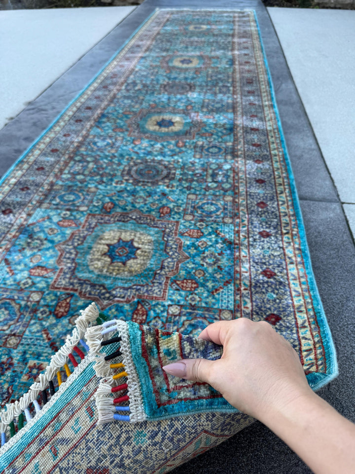 3x13 Handmade Afghan Wool Runner Rug | Turquoise Blue Geometric Medallion Rug | Hand-Knotted Hallway Runner
