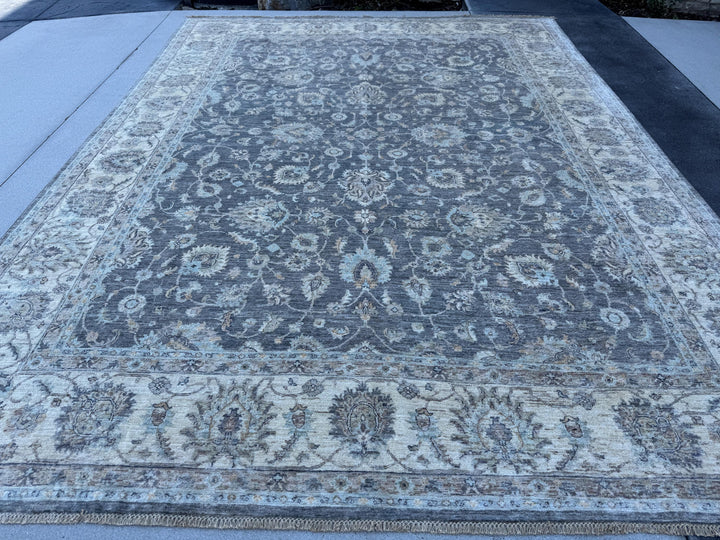10x10 Handmade Afghan Wool Rug | Grey Oushak Floral Rug | Neutral Square Traditional Area Rug