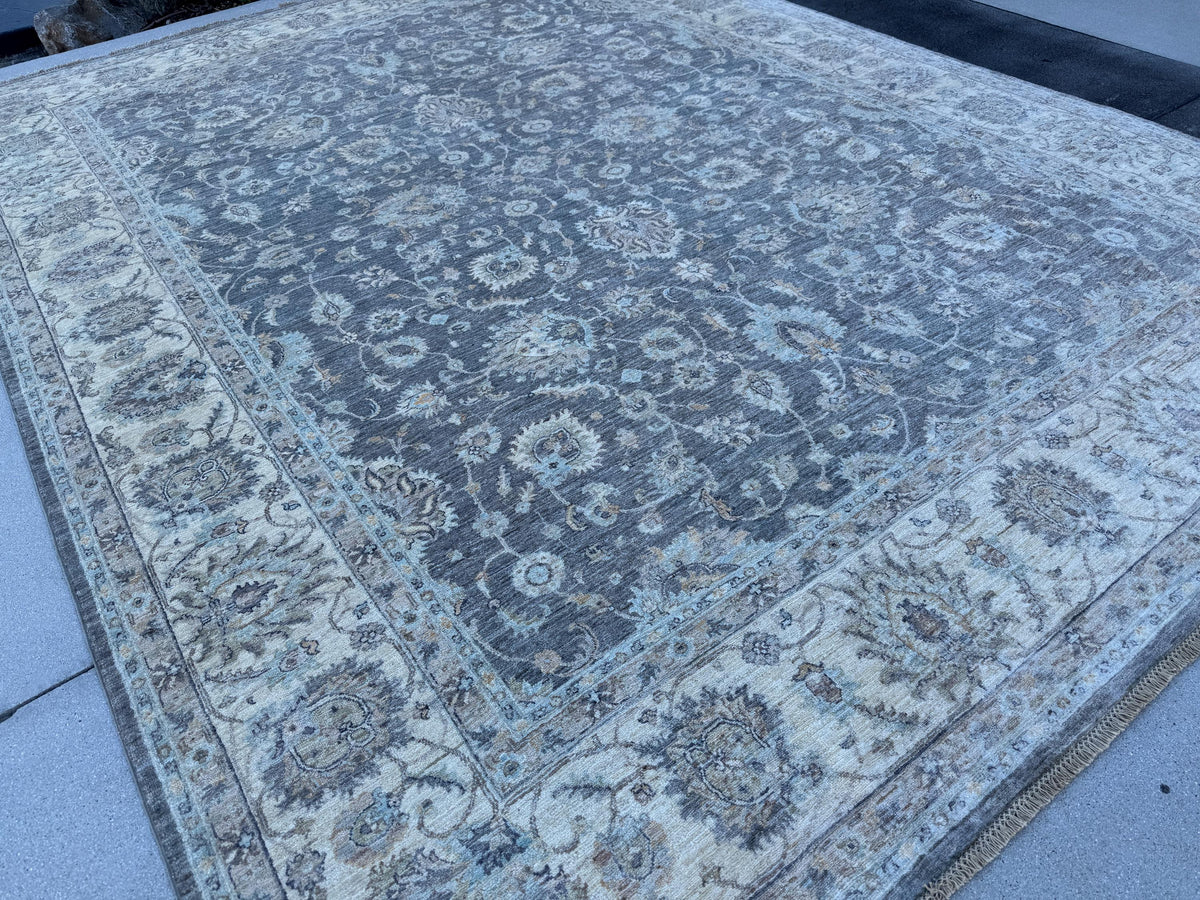 10x10 Handmade Afghan Wool Rug | Grey Oushak Floral Rug | Neutral Square Traditional Area Rug