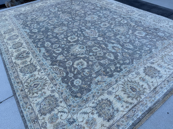10x10 Handmade Afghan Wool Rug | Grey Oushak Floral Rug | Neutral Square Traditional Area Rug