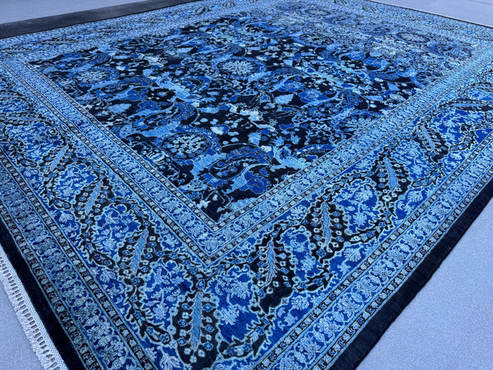 12x15 Handmade Afghan Wool Rug | Navy Blue Floral Rug | Large Traditional Botanical Area Rug