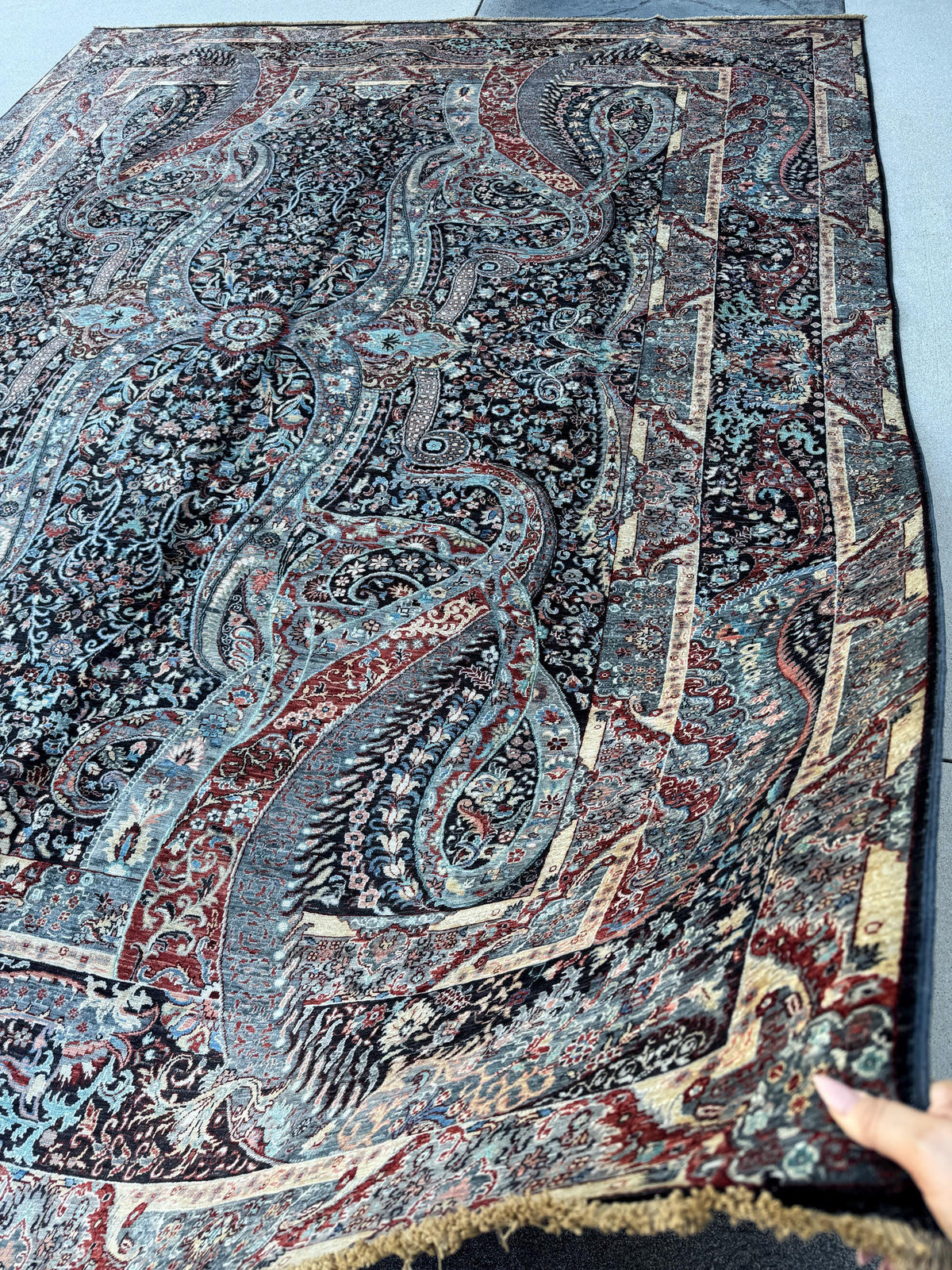 9x12 Handmade Afghan Wool Rug | Black Paisley Floral Rug | Burgundy Blue Traditional Area Rug