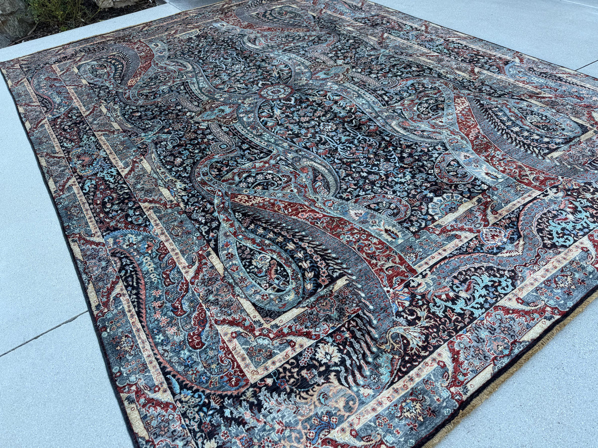 9x12 Handmade Afghan Wool Rug | Black Paisley Floral Rug | Burgundy Blue Traditional Area Rug