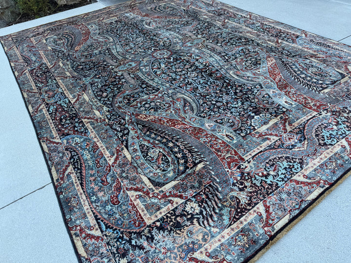 9x12 Handmade Afghan Wool Rug | Black Paisley Floral Rug | Burgundy Blue Traditional Area Rug