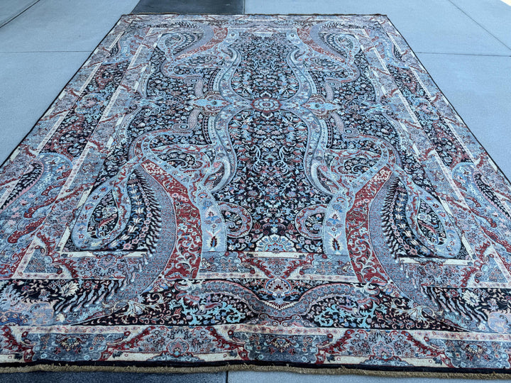 9x12 Handmade Afghan Wool Rug | Black Paisley Floral Rug | Burgundy Blue Traditional Area Rug