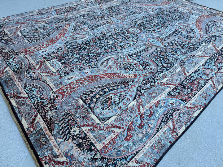 9x12 Handmade Afghan Wool Rug | Black Paisley Floral Rug | Burgundy Blue Traditional Area Rug