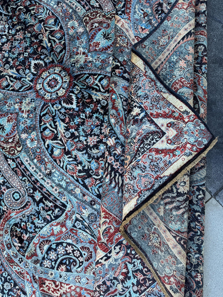 9x12 Handmade Afghan Wool Rug | Black Paisley Floral Rug | Burgundy Blue Traditional Area Rug
