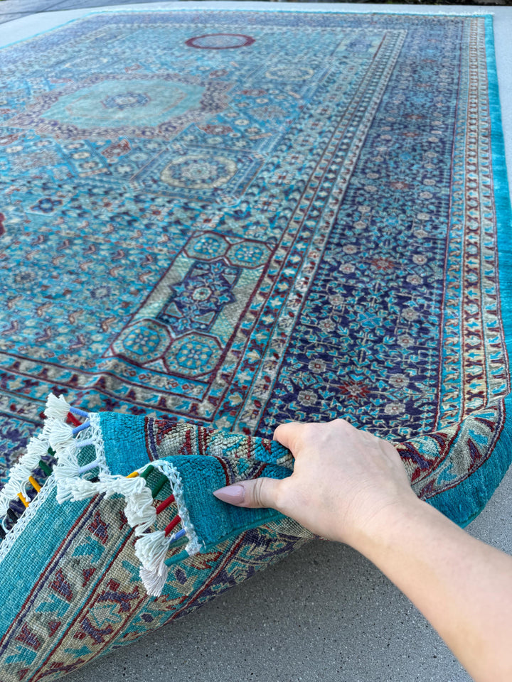 9x12 Handmade Afghan Wool Rug | Turquoise Geometric Medallion Rug | Blue Mamluk-Inspired Area Rug
