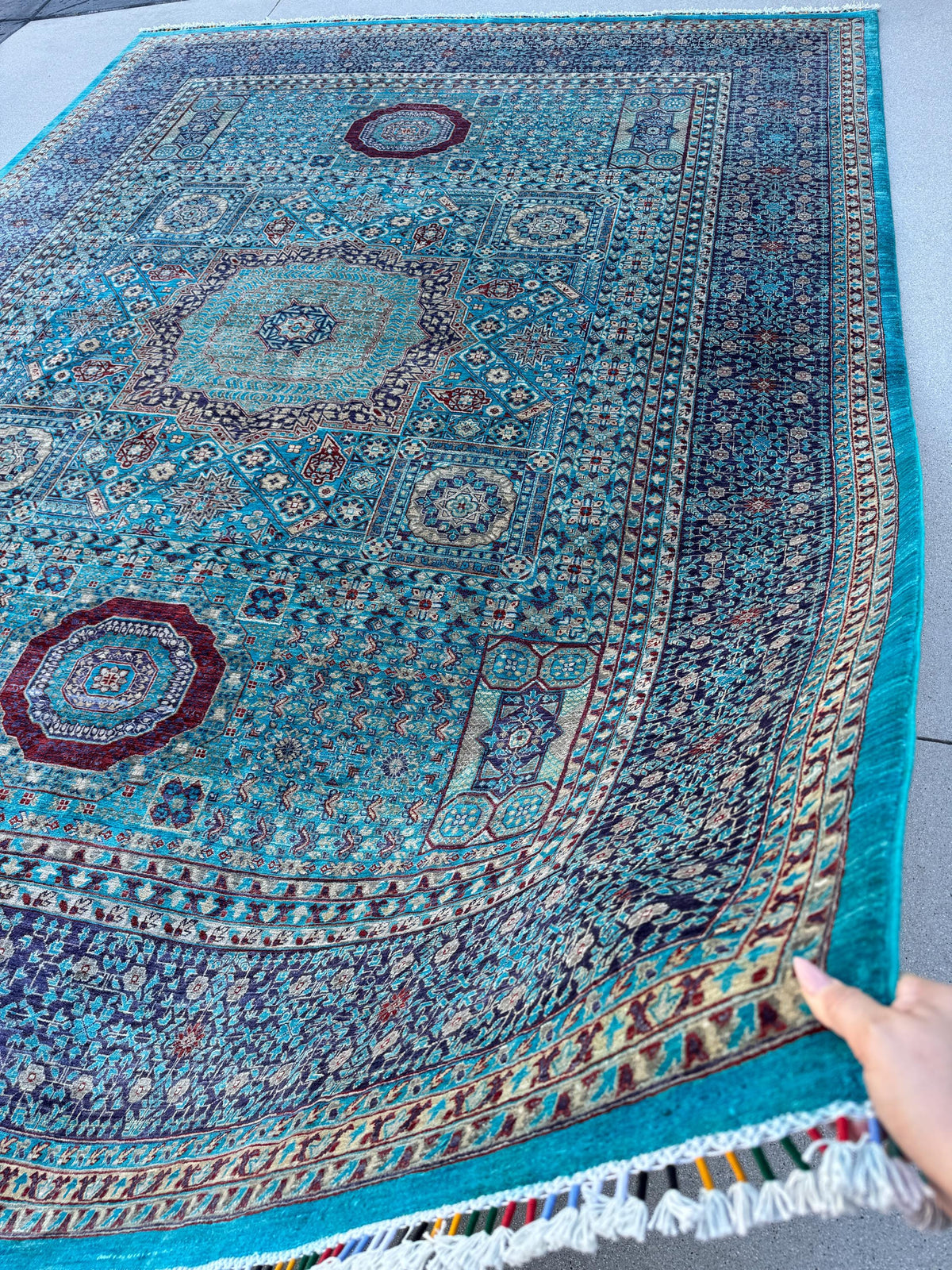 9x12 Handmade Afghan Wool Rug | Turquoise Geometric Medallion Rug | Blue Mamluk-Inspired Area Rug