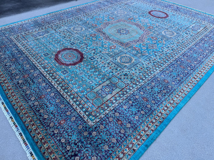 9x12 Handmade Afghan Wool Rug | Turquoise Geometric Medallion Rug | Blue Mamluk-Inspired Area Rug