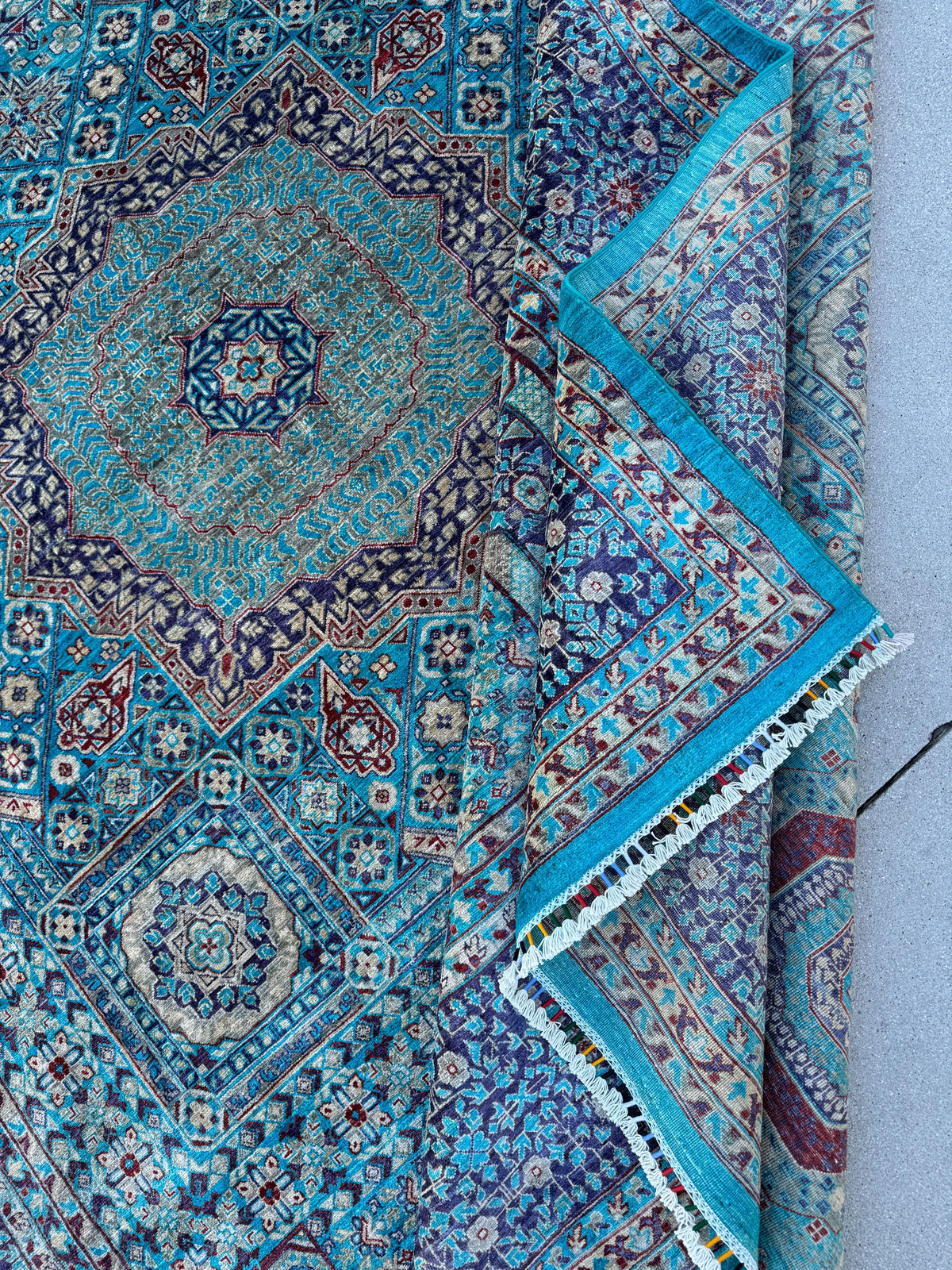 9x12 Handmade Afghan Wool Rug | Turquoise Geometric Medallion Rug | Blue Mamluk-Inspired Area Rug