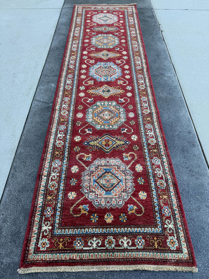 3x10 Handmade Afghan Wool Runner Rug | Red Kazak Geometric Rug | Traditional Tribal Hallway Runner