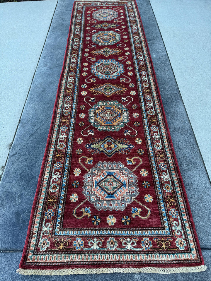 3x10 Handmade Afghan Wool Runner Rug | Red Kazak Geometric Rug | Traditional Tribal Hallway Runner