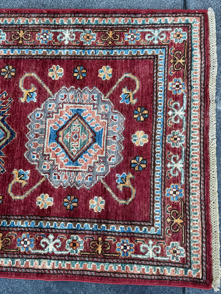 3x10 Handmade Afghan Wool Runner Rug | Red Kazak Geometric Rug | Traditional Tribal Hallway Runner