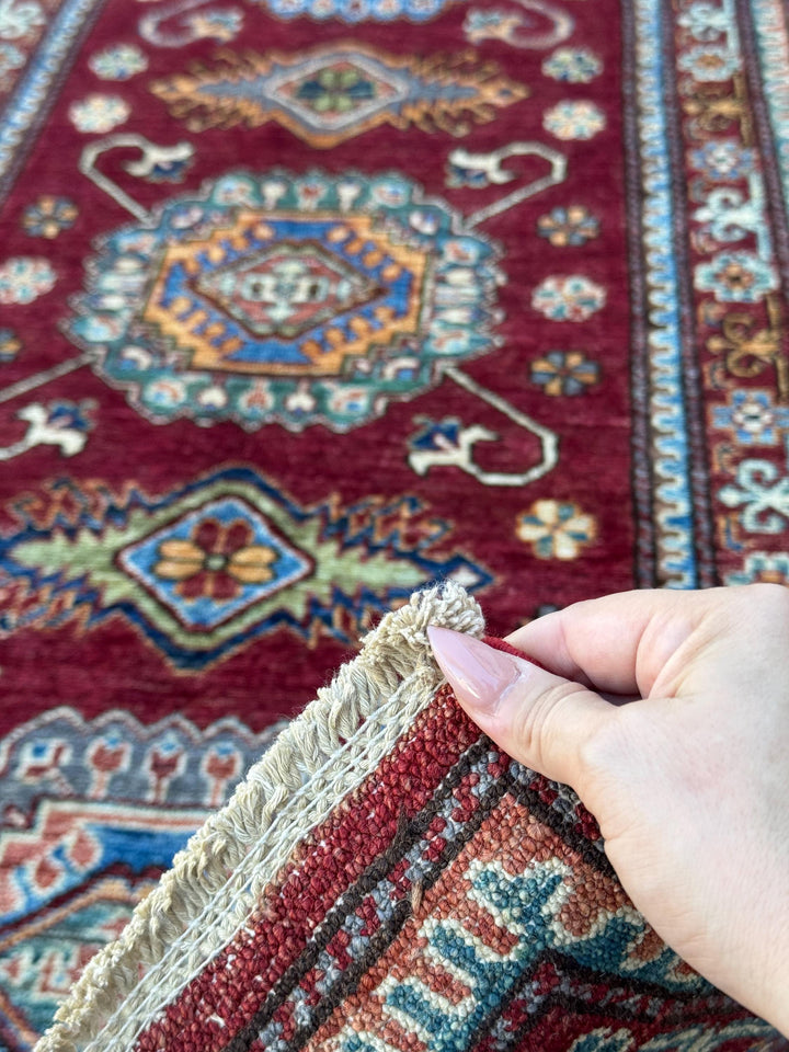 3x10 Handmade Afghan Wool Runner Rug | Red Kazak Geometric Rug | Traditional Tribal Hallway Runner