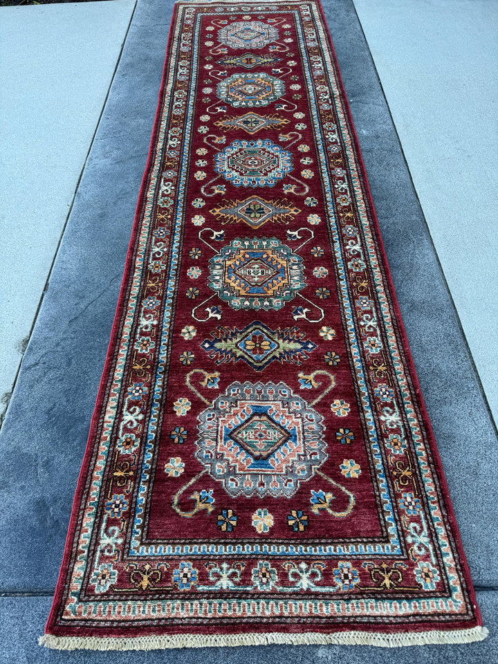 3x10 Handmade Afghan Wool Runner Rug | Red Kazak Geometric Rug | Traditional Tribal Hallway Runner