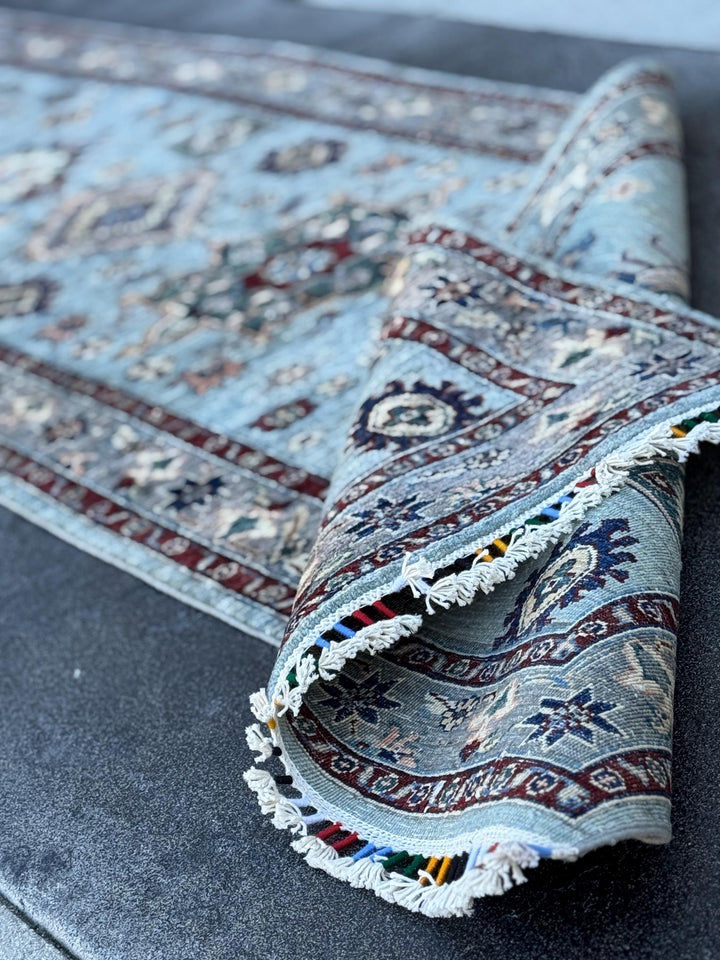 3x15 Handmade Afghan Wool Runner Rug | Light Blue Geometric Runner | Traditional Kazak Hallway Rug