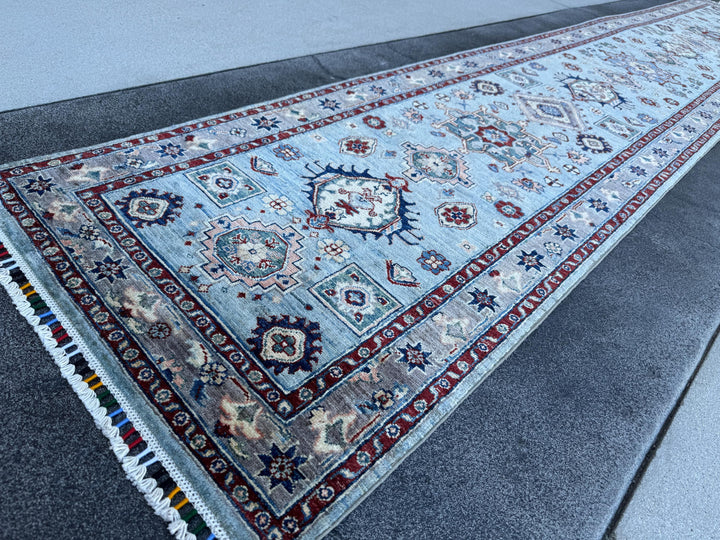 3x15 Handmade Afghan Wool Runner Rug | Light Blue Geometric Runner | Traditional Kazak Hallway Rug