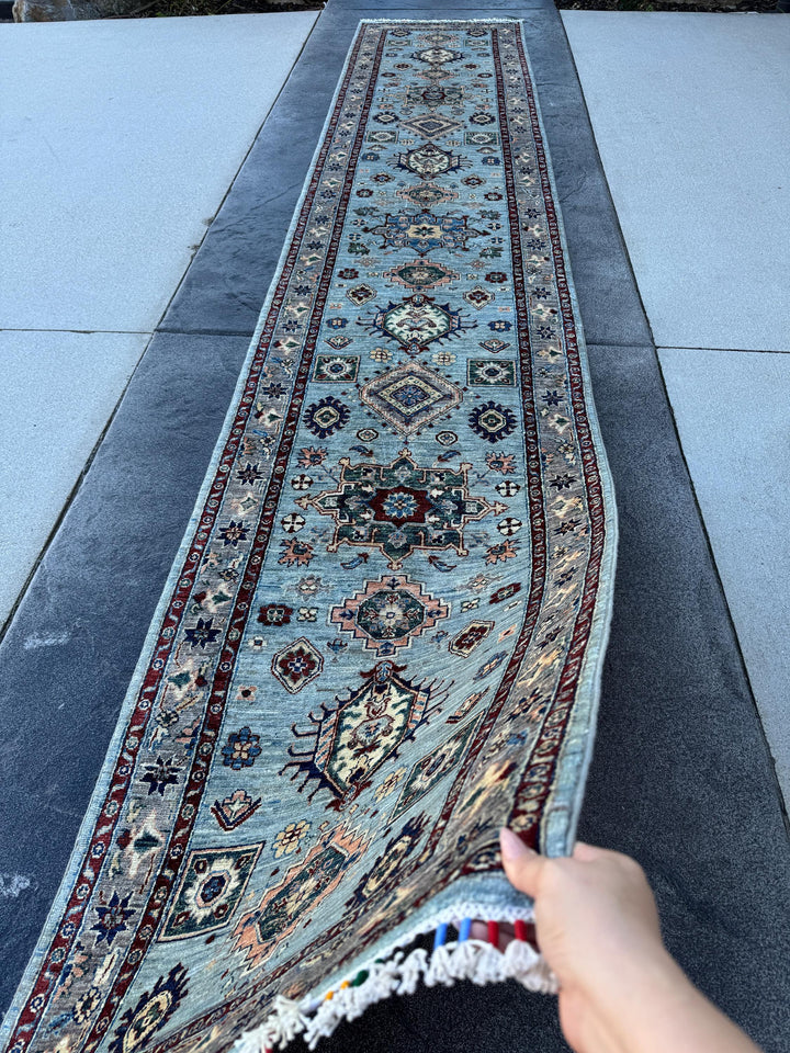 3x15 Handmade Afghan Wool Runner Rug | Light Blue Geometric Runner | Traditional Kazak Hallway Rug